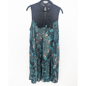 Maeve Dress Womens M Black Teal Silk Blend‎ Lace Floral Sleeveless Pockets Boho